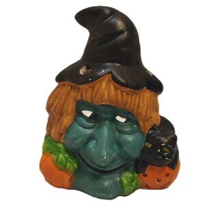 Vintage Halloween Green Face Witch Tea Light Candle Holder Hand Painted